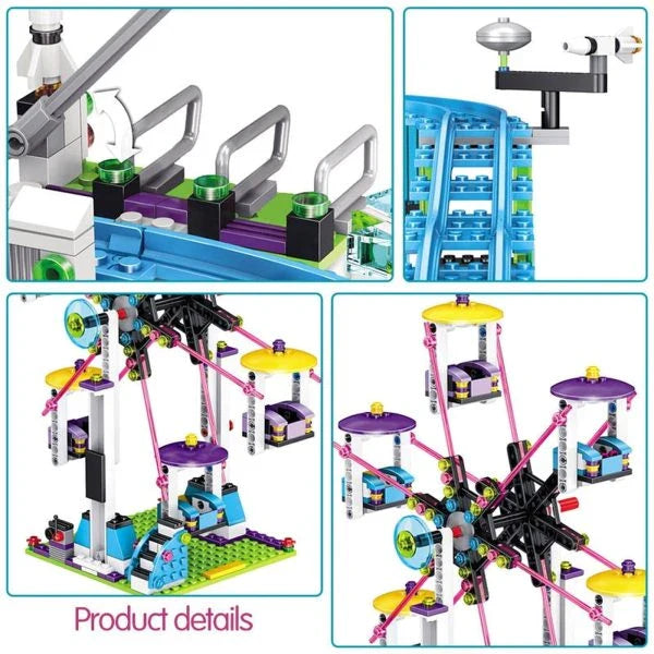 A detailed LEGO amusement park with a roller coaster, Ferris wheel, and drop tower, along with four mini-doll figures in summer outfits.