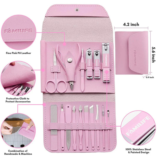 16-piece manicure set in a rose gold case with various grooming tools including nail clippers, tweezers, and scissors