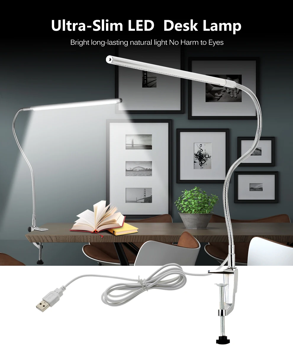 48-LED clip-on lamp with long adjustable arm and USB charging, perfect for brightening workspaces and study areas