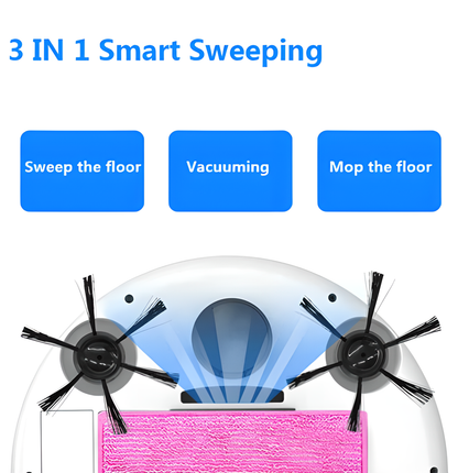 A white, gray, and black 3-in-1 smart robotic floor cleaner that sweeps, vacuums, and mops for a hands-free clean