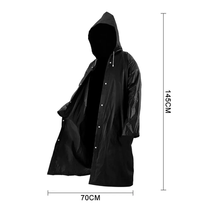 Waterproof hooded long rain jacket in black, designed for both men and women to provide all-weather protection during outdoor activities in New Zealand.