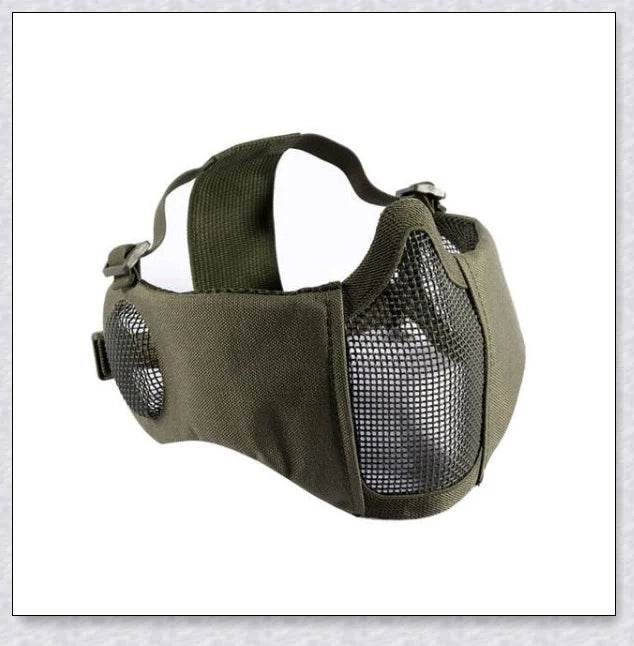 Tactical foldable mesh mask with ear protection, designed for airsoft enthusiasts with durable 1000D nylon construction and 800FPS impact resistance.