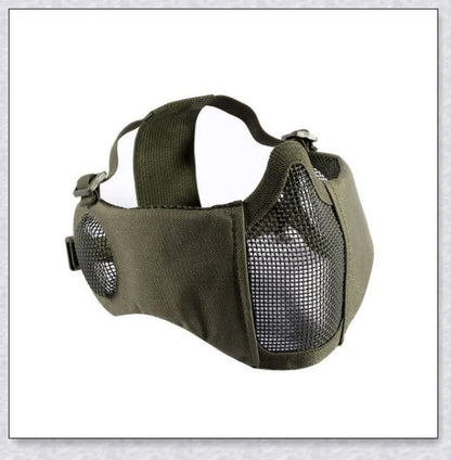 Tactical foldable mesh mask with ear protection, designed for airsoft enthusiasts with durable 1000D nylon construction and 800FPS impact resistance.