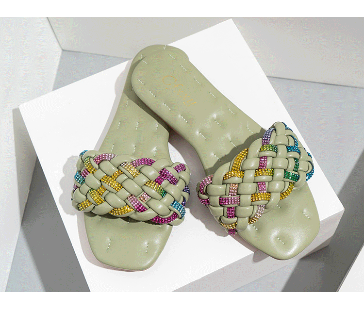 Shopprimex NZ Stylish Square Head Colorful Diamond Embroidery Flat Sandals