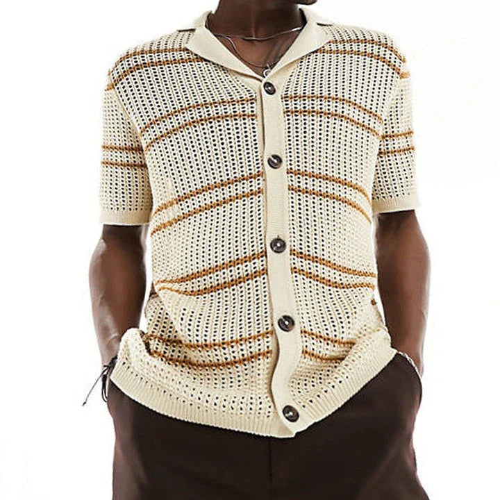 Lightweight acrylic knit cardigan with short sleeves, lapel collar, and classic khaki colour for versatile Kiwi style