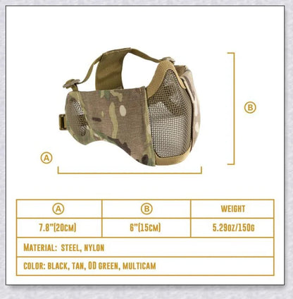 Tactical foldable mesh mask with ear protection, designed for airsoft enthusiasts with durable 1000D nylon construction and 800FPS impact resistance.