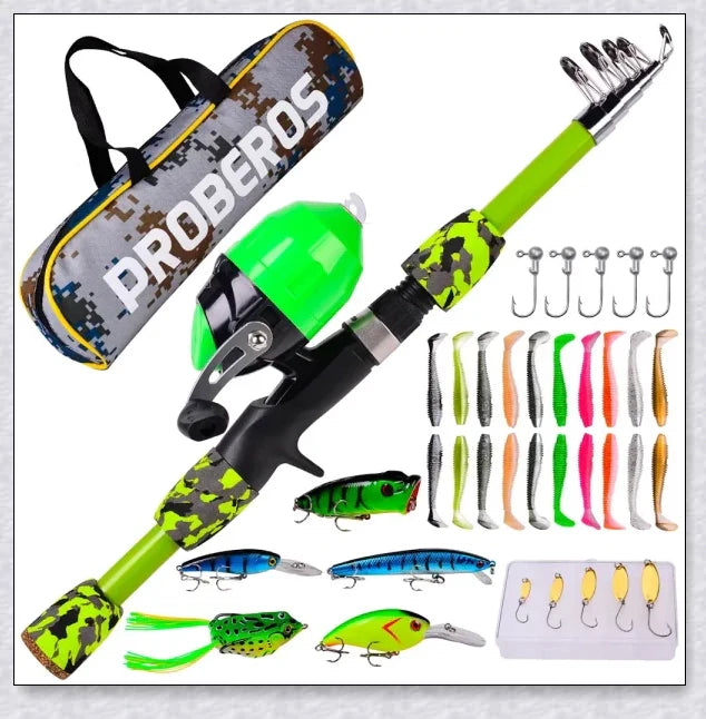 A high-quality fishing pole kit designed for kids, featuring a telescopic rod, spincast reel, and essential fishing accessories for outdoor adventures.