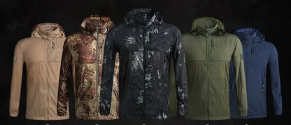 Tactical Weatherproof Jacket in various colors with waterproof, breathable, and UV-resistant features for outdoor adventures in New Zealand