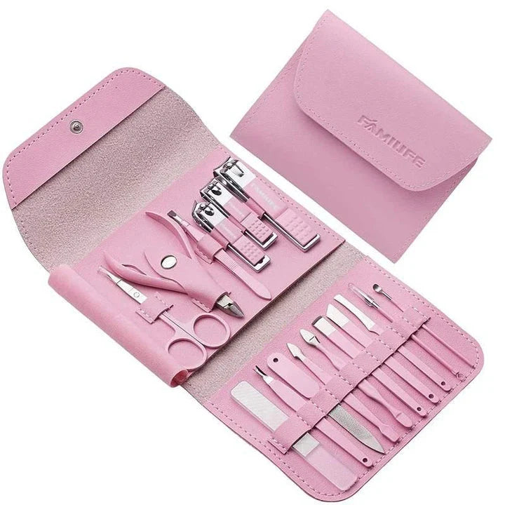 16-piece manicure set in a rose gold case with various grooming tools including nail clippers, tweezers, and scissors