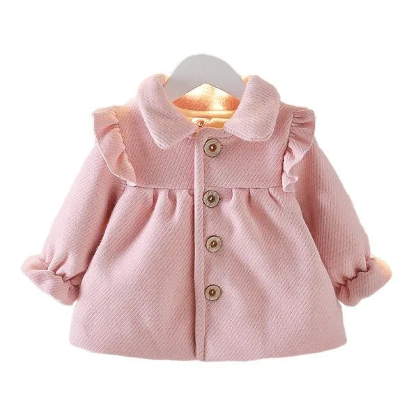 A cosy and stylish baby velvet coat with a round neck and long sleeves, made from premium acetate fibers and fleece lining.