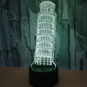 A 3D nightlight displaying the Leaning Tower of Pisa, with adjustable color and brightness settings for a captivating ambient lighting experience.