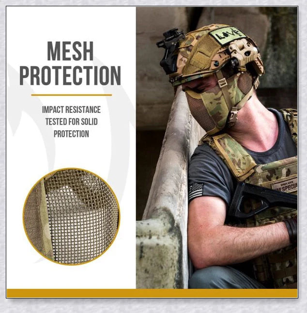 Tactical foldable mesh mask with ear protection, designed for airsoft enthusiasts with durable 1000D nylon construction and 800FPS impact resistance.