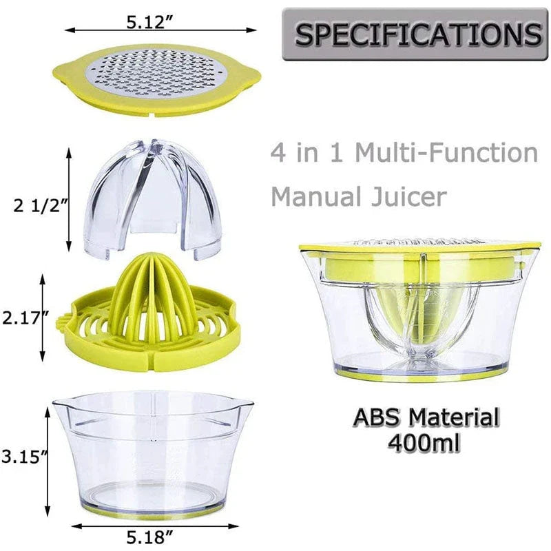 4-in-1 Manual Citrus Juicer with Built-in Measuring Cup and Egg Separator for Juicing, Grating, and Egg Separating