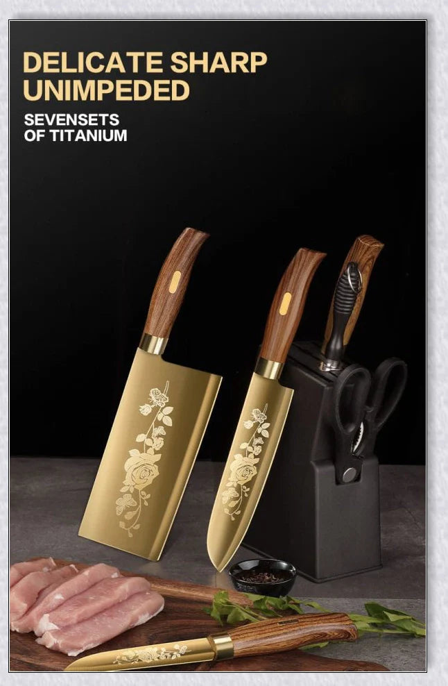 Titangold Designer Titanium Kitchen Knife Set with premium stainless steel blades, titanium coating, and ergonomic handles