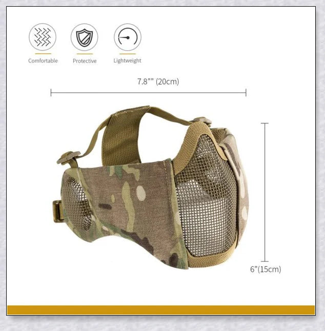 Tactical foldable mesh mask with ear protection, designed for airsoft enthusiasts with durable 1000D nylon construction and 800FPS impact resistance.