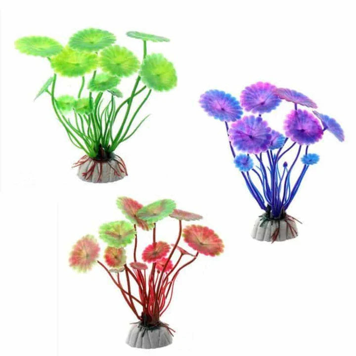 Artificial underwater plants in various shades of purple, designed to add vibrant, natural-looking decor to Kiwi aquariums