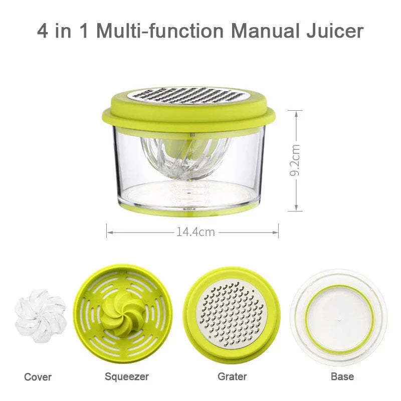 4-in-1 Manual Citrus Juicer with Built-in Measuring Cup and Egg Separator for Juicing, Grating, and Egg Separating