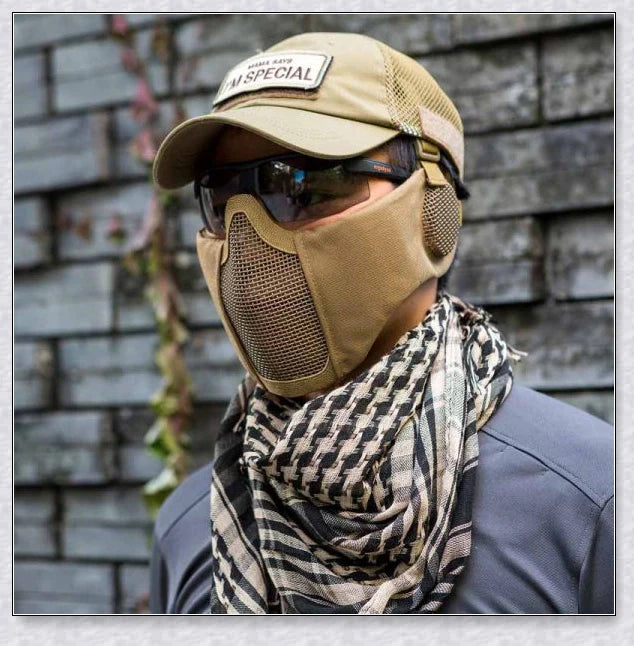 Tactical foldable mesh mask with ear protection, designed for airsoft enthusiasts with durable 1000D nylon construction and 800FPS impact resistance.