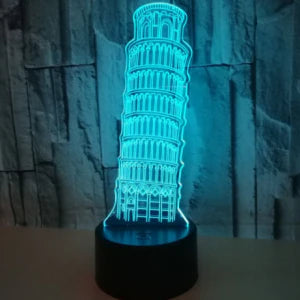 A 3D nightlight displaying the Leaning Tower of Pisa, with adjustable color and brightness settings for a captivating ambient lighting experience.