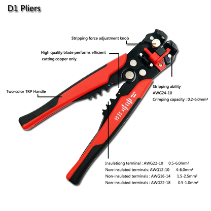 Versatile automatic wire stripper and cutter with self-adjusting jaws, integrated cutter, and durable alloy steel construction