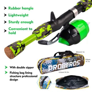 A high-quality fishing pole kit designed for kids, featuring a telescopic rod, spincast reel, and essential fishing accessories for outdoor adventures.