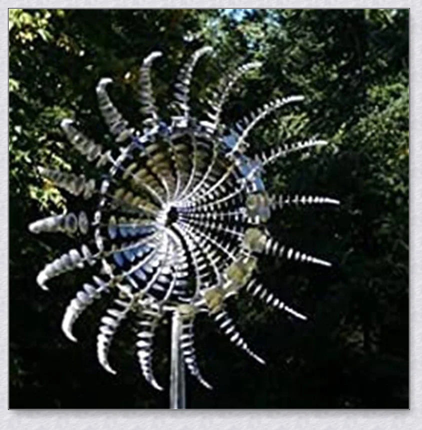 Wind-powered kinetic sculpture with dual-tier blades that spin independently, creating a mesmerizing dance in your backyard