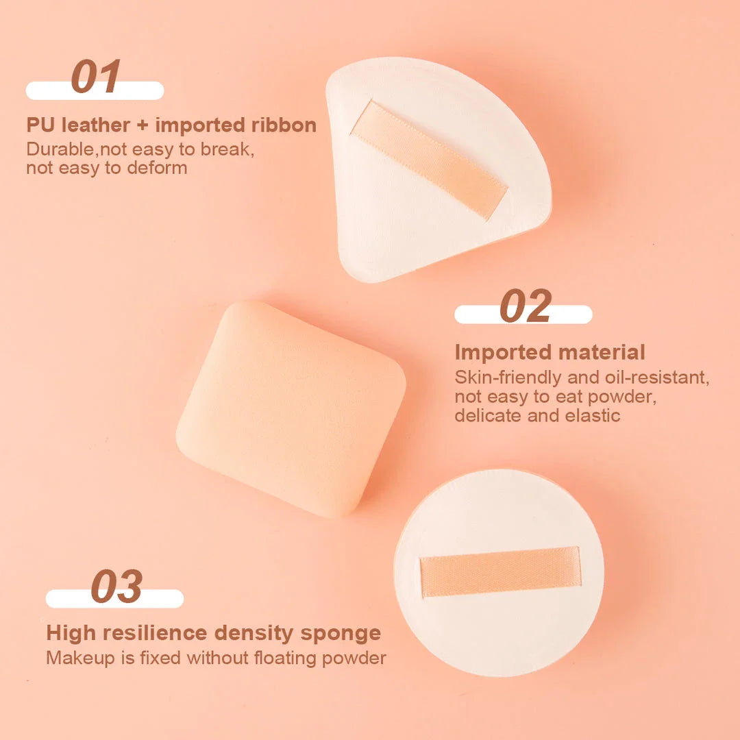 Three unique shaped makeup sponges in round, rectangle, and triangle for precise application