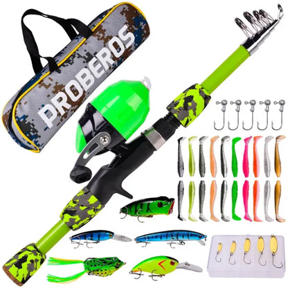 A high-quality fishing pole kit designed for kids, featuring a telescopic rod, spincast reel, and essential fishing accessories for outdoor adventures.