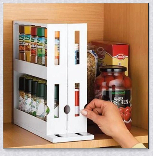 A multi-function rotating storage rack for organizing spices, herbs, and condiments in the kitchen